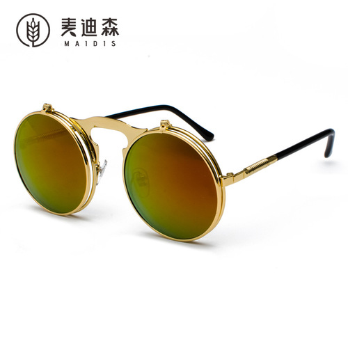 Jet 3057 Retro Metal Steampunk Flip Sunglasses Flip Sunglasses Men's and Women's Trendy Round Frame Prince's Mirror