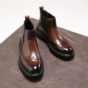 British High-Top Leather Shoes Brock Ankle Boots Pointed Toe Leather Boots Cowhide Business Dress Shoes Chelsea Boots Men