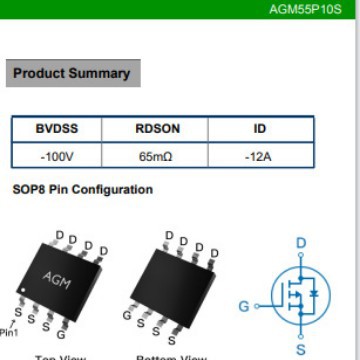 芯控源AGM55P10S   P管100V  内阻65mR  电流-12A  封装SOP8