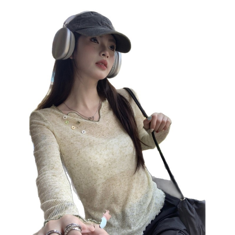 韩系设计感V领微透防晒T恤女装夏季新款小众纽扣薄款修身罩衫上衣|undefined
