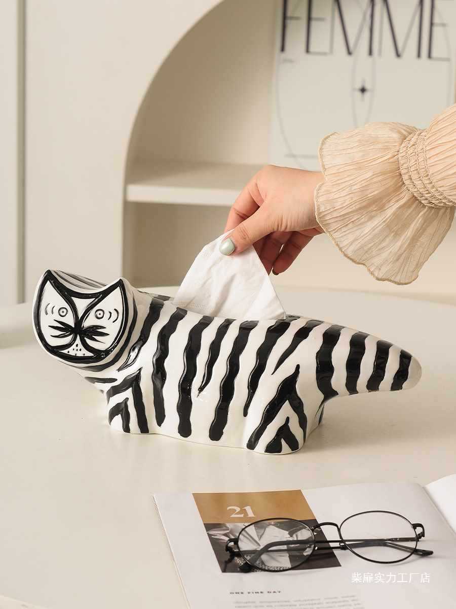 创意高颜值条纹猫陶瓷纸巾盒现代轻奢抽纸盒客厅餐巾纸盒摆件