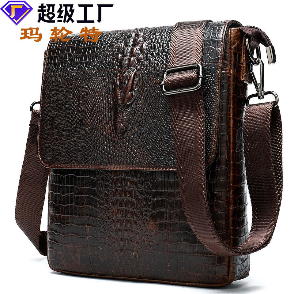 Túi đeo chéo nam da bò thật vân cá sấu, nắp gập cổ điển, đựng vừa máy tính bảng 9 inch — Màu đen