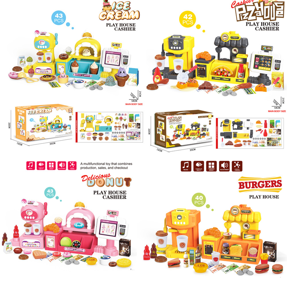 Simulación transfronteriza infantil de supermercado de compras helados hamburguesas cafetera juegos caseros cajas registradoras