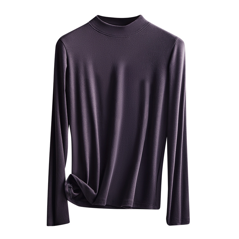 Delgado, delgado, a prueba de viento, pequeño cuello redondo, camisa de fondo, manga larga para mujer, otoño e invierno, nuevo estilo, cuello medio de estilo occidental, terciopelo de doble cara, abrigo cálido