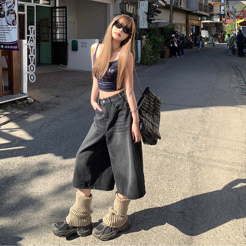 Stylish American retro high-waisted loose wide-leg pants, versatile for spring and summer, slimming straight-leg cropped jeans for women, wholesale