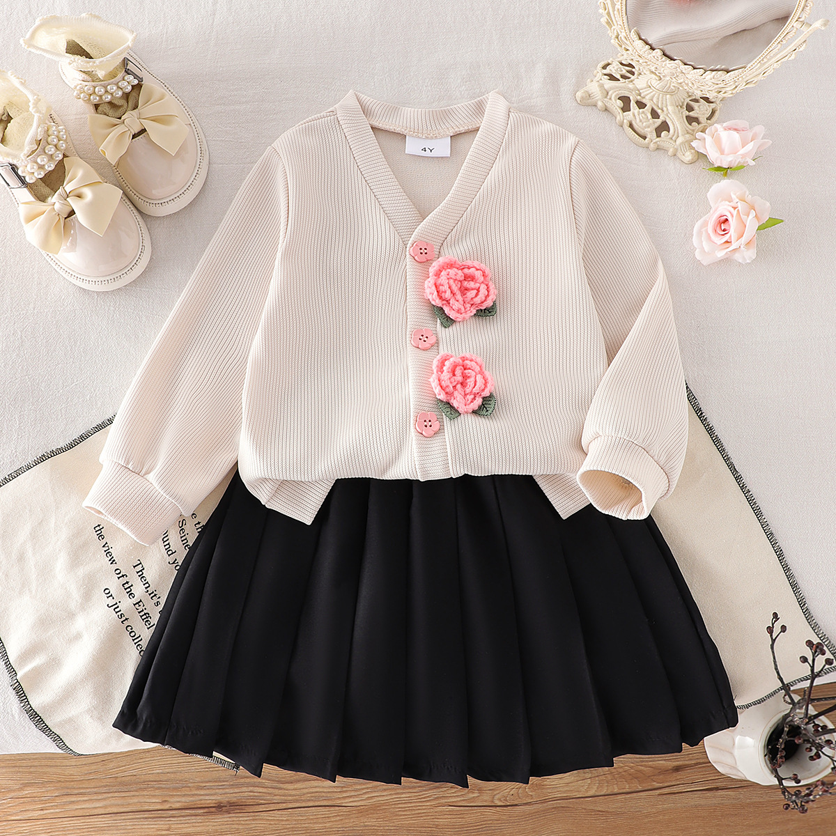 Amazon Cross-Border European and American Autumn New White Sweater Jacket with Black Pleated Skirt for Children and Middle-Aged Children