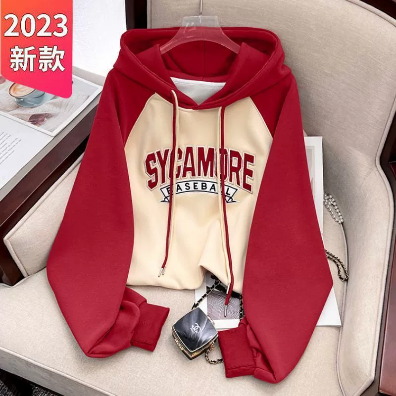 Футболка с длинным рукавом для женщин, одежда больших размеров, свитшот для полных женщин, тонкий свободный топ с капюшоном, модный стиль, уличная мода, европейский и американский стиль.