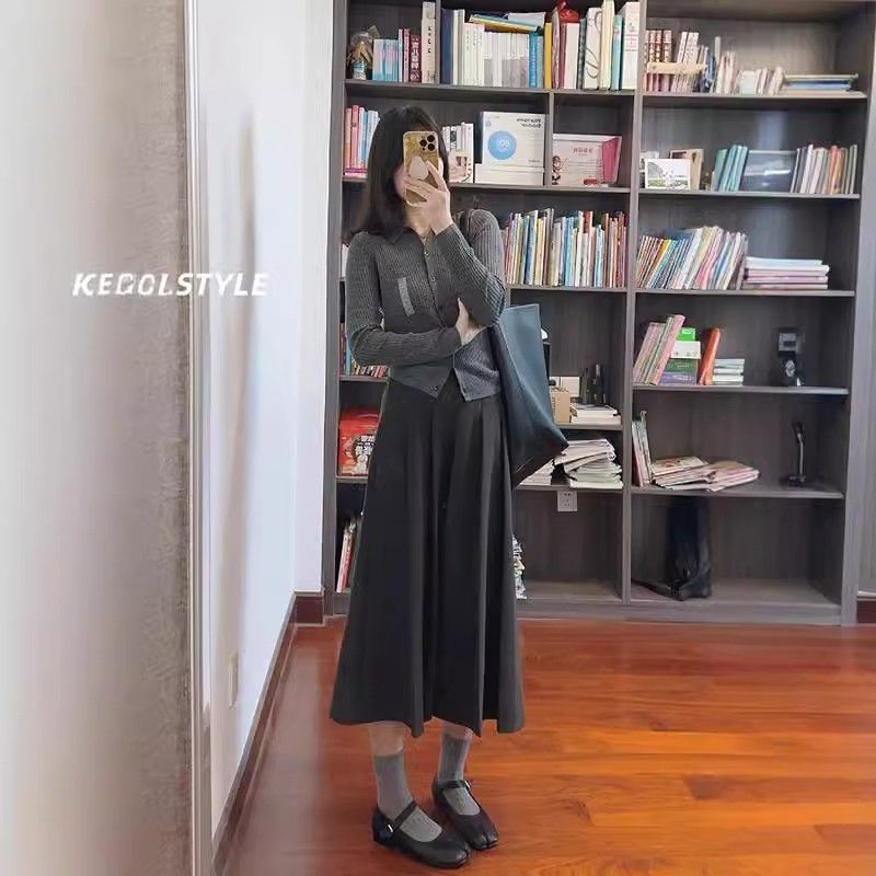 GraceChic Gri Pileli Kadınlar İçin, Yün Sonbahar Kış Yeni Yüksek Bel Göbek Örtücü İnceltici Drapeli A Kesim Orta Boy Günlük_voghion.com