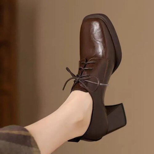 Vintage Style Square Head Lace-Up Leather Shoes Deep Mouth Ankle Boots Women Autumn New Chic British Style High Heels Women's Shoes