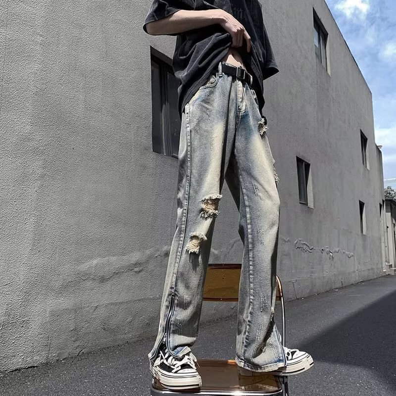 American-style vibe style split hole jeans men's summer fashion brand European and American street pants slim-fit micro flared pants