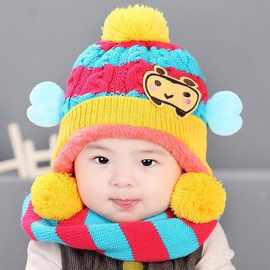 韩版儿童男女帽子围巾两件套蜜蜂造型宝宝针织帽护耳毛线潮帽秋冬