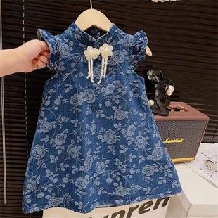 New Girls National Style Flower Jacquard Chinese Knot Button Flying Sleeve Princess Cheongsam Dress 2025 Summer Dress
