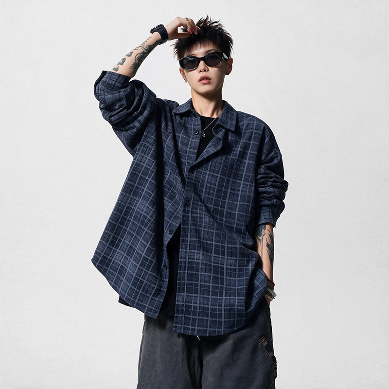 Corduroy textured plaid collared long-sleeve shirt, autumn casual American retro workwear shirt jacket, in stock