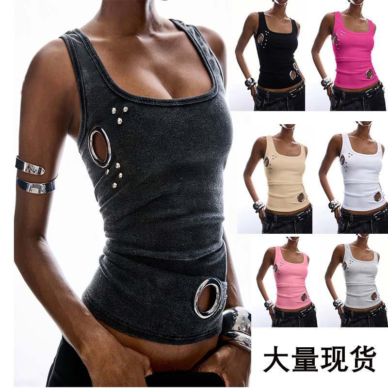 2026 Cross-Border European and American Style Unique Street Fashion Summer New Niche Design K Fashion Eyelet Slim Sexy Tank Top