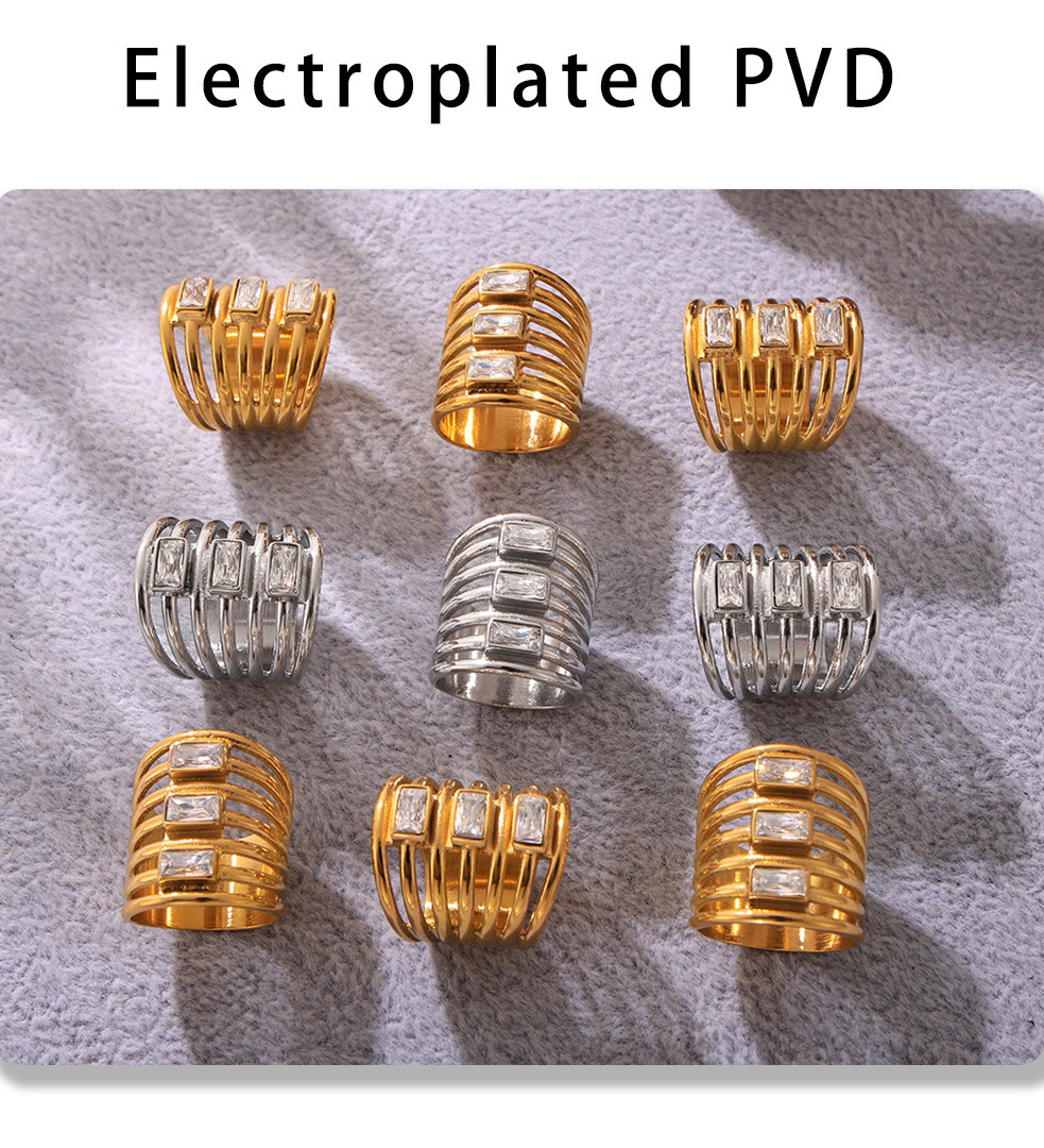 Square Sugar Multi Layer Square Zircon Exaggerated Ring Women's Fashion Hollow Out Versatile Stainless Steel Non Fading Finger Ring_voghion.com