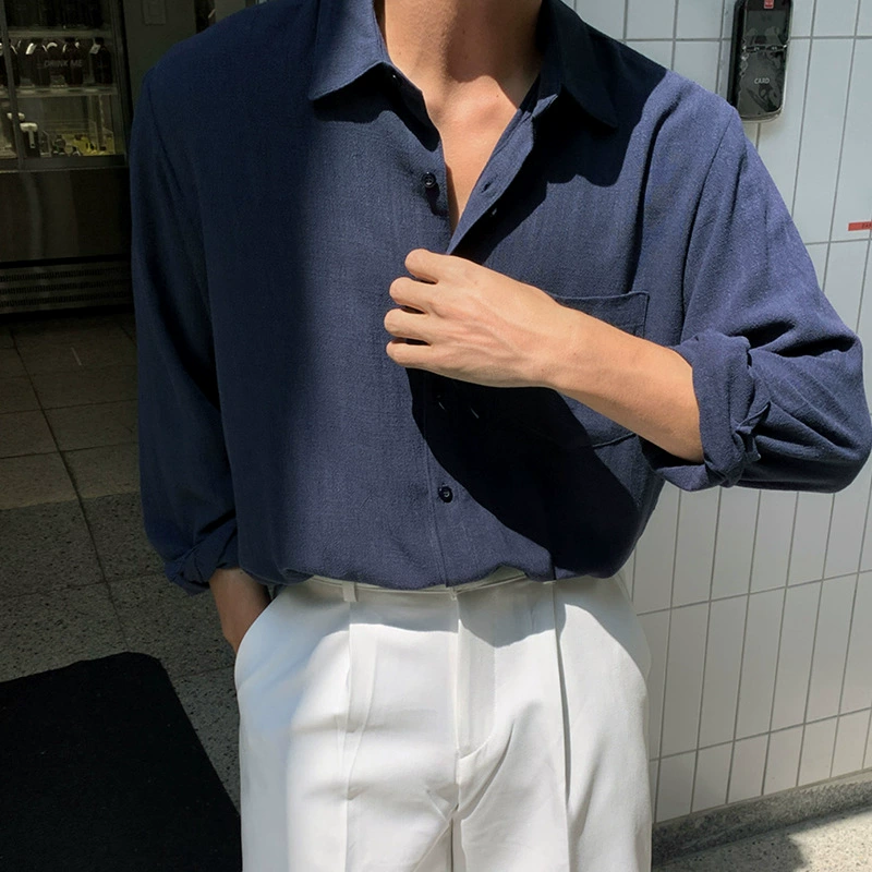 Корейская рубашка с длинным рукавом из хлопка и льна 2025, мужская летняя простая рубашка в стиле ленивого шика, свободная и универсальная тонкая молодежная майка