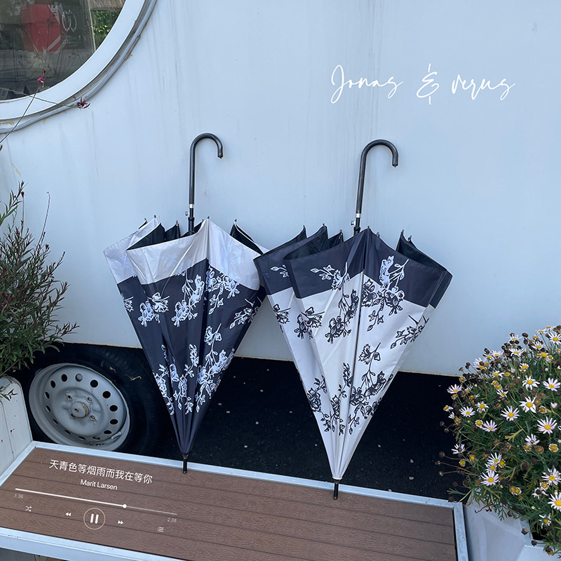 [Suitable for taking photos] Retro Chinese-style Long-handle Umbrella Black Glue Sunny and Rain Dual-use Wind-resistant Reinforced Double Umbrella Straight Umbrella