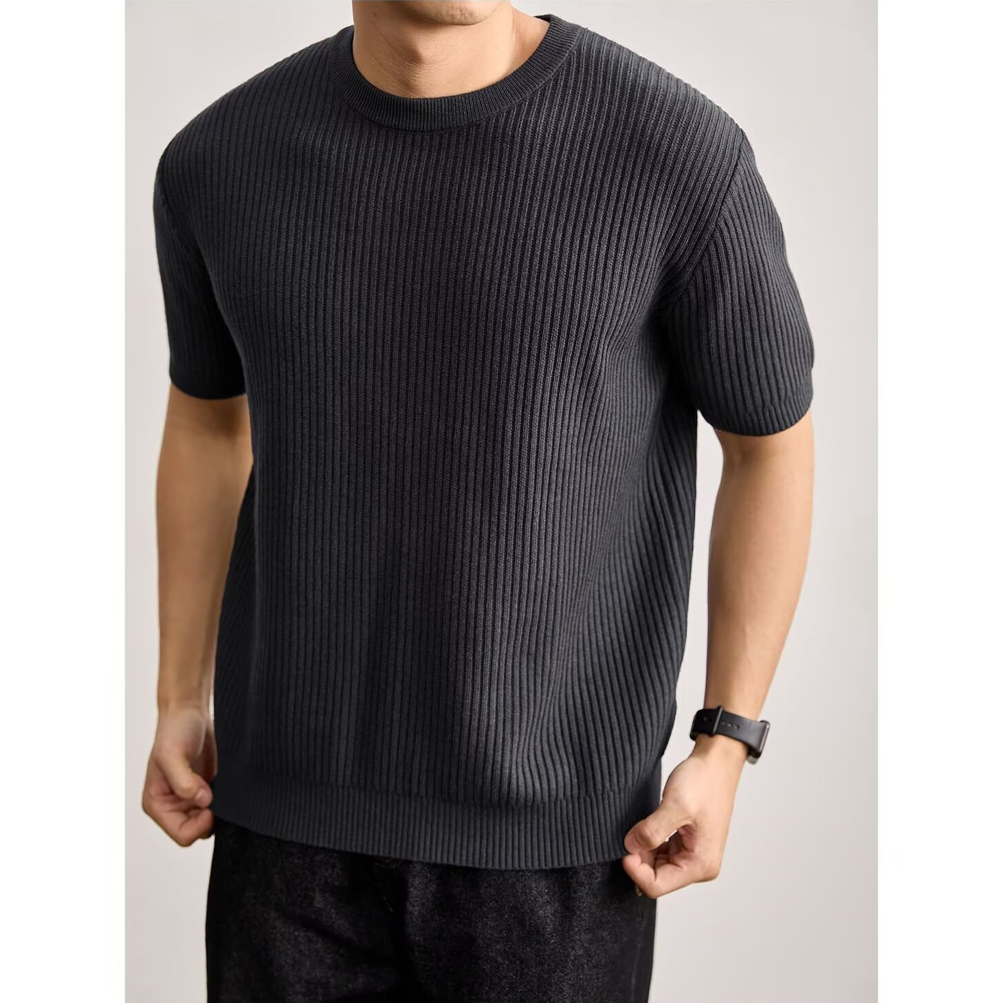 camiseta de punto camiseta de manga corta hombre elástico agujero vertical rayas viejos negocios hielo seda fábrica transfronteriza al por mayor