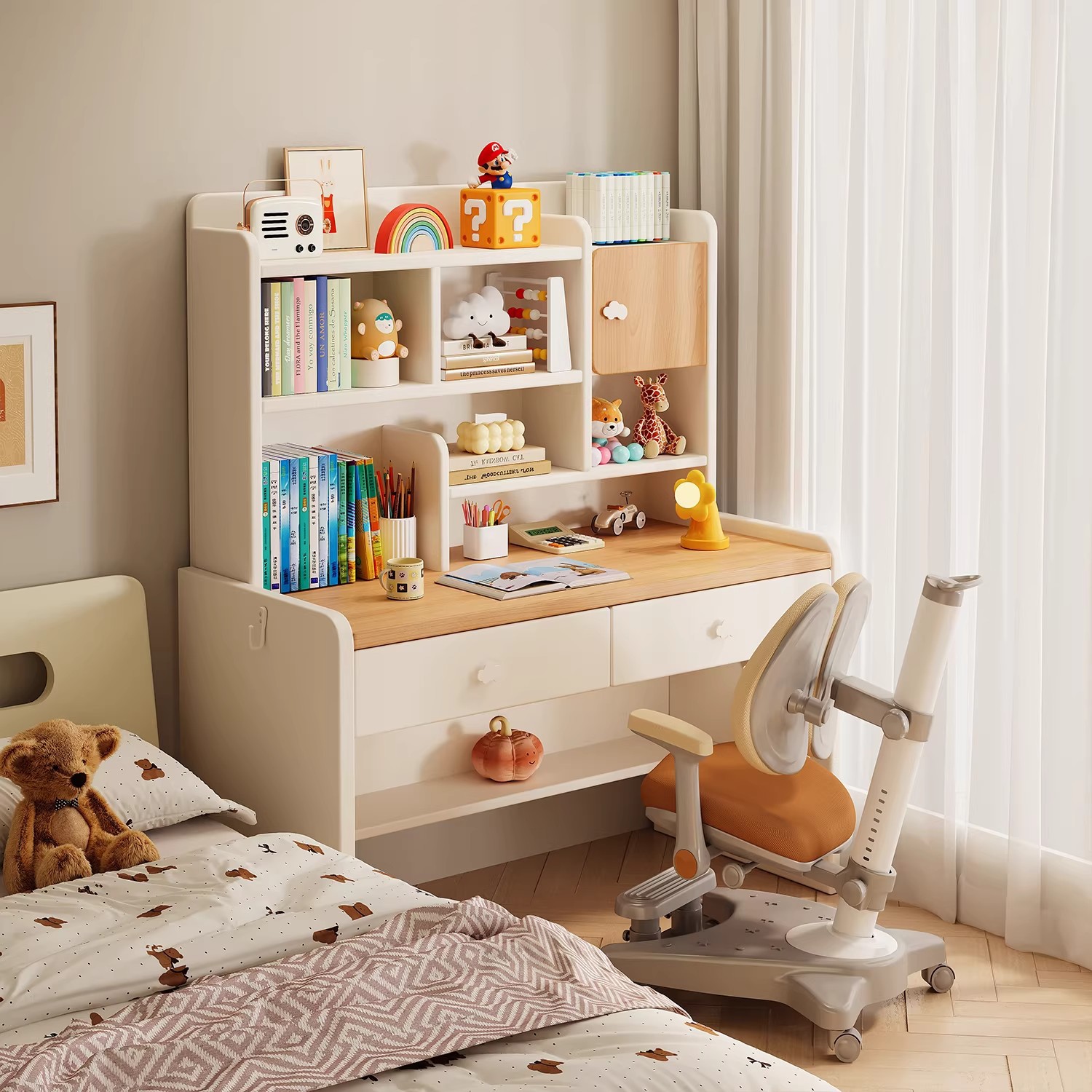 Mesa de aprendizaje de niños de madera maciza para estudiantes de primaria elevación de escritorio de escritorio de dormitorio mesa y silla conjunto de escritorio y estante integral