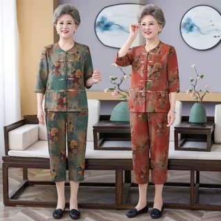 中老年人夏装女奶奶中袖套装妈妈夏季薄款两件套老太太宽松衣服