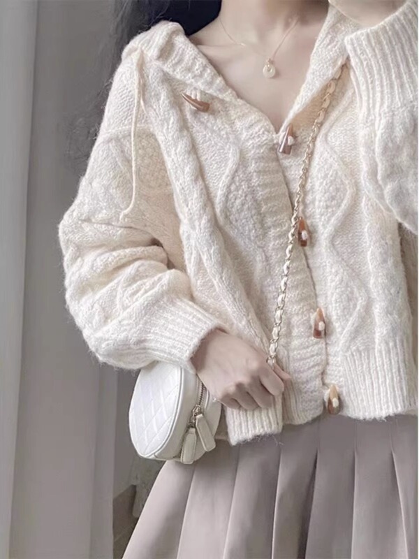 可盐可甜奶乖系韩剧奶糯风针织毛衣牛角扣开衫外套女装秋冬小个子|undefined
