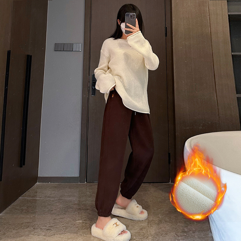 【反季特卖】加绒加厚运动休闲卫裤女冬季保暖摇粒绒束脚哈伦裤|undefined