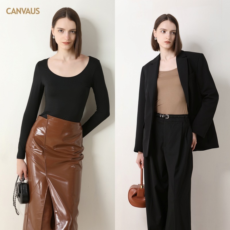 CANVAUSの新型モーダルシャツの女性の大きい丸首は長袖の純色を修理します。|undefined