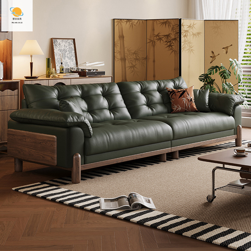 Vintage Fengyunduo Genuine Leather Sofa, Oil Wax Leather, Living Room Retro Dark Green Three-Seater Leather Sofa, Classical Chinese Style