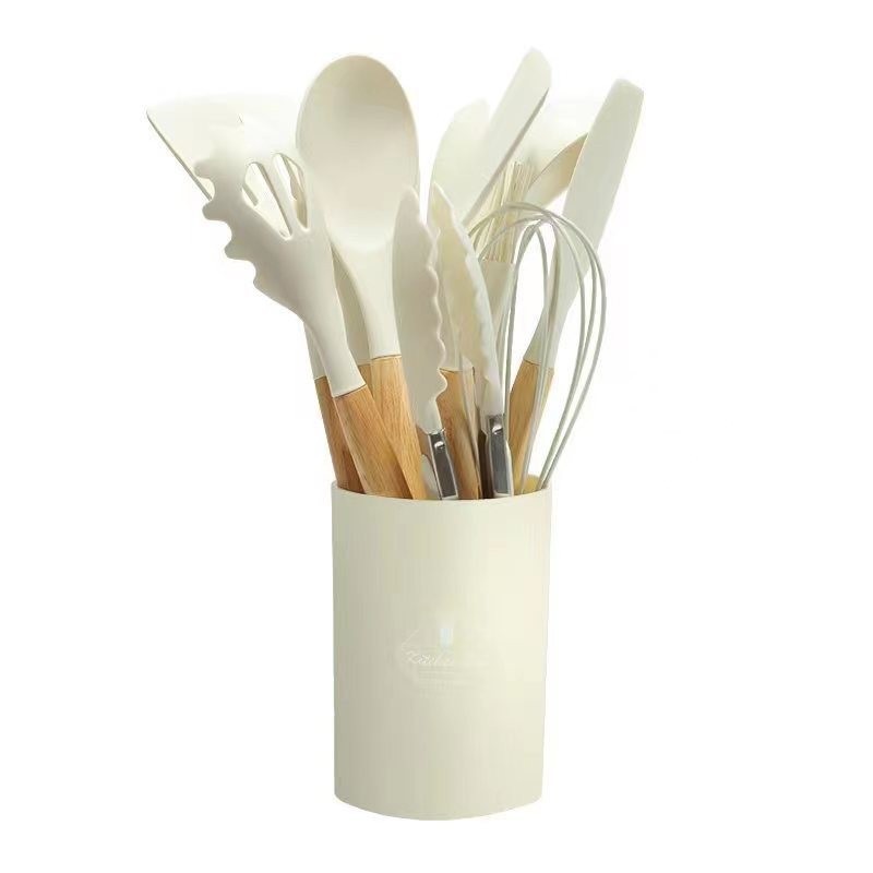 Mango de madera de cocina de silicona 12 piezas conjunto de cocina de silicona antiadherente 12 piezas conjunto de cocina de silicona resistente a alta temperatura