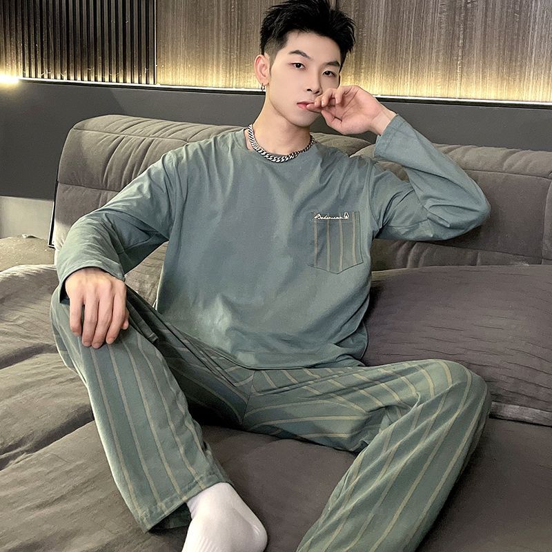 2025 pijama de otoño hombre 6535 algodón cuello redondo hoodie de mangas largas pantalones largos set simple ropa casera cómoda