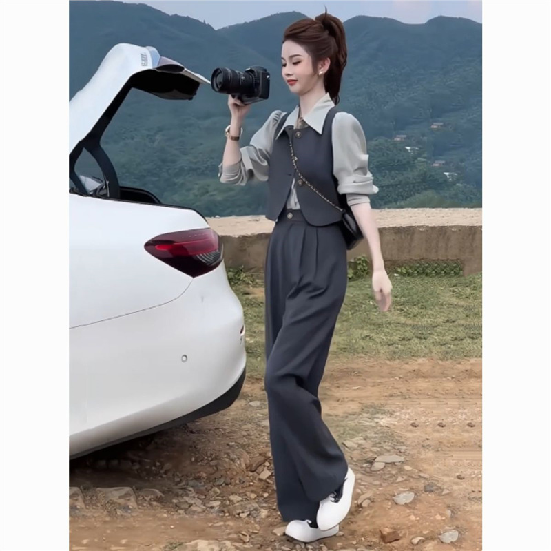 小个子减龄气质套装女2025秋季新款长袖衬衫马甲长裤显瘦三件套