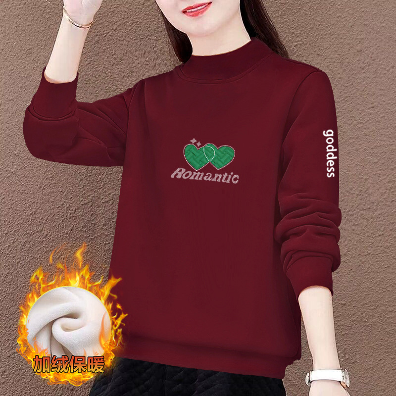 酒红色卫衣女半高领秋冬加厚加绒小个子宽松高端中年妈妈厚款外套