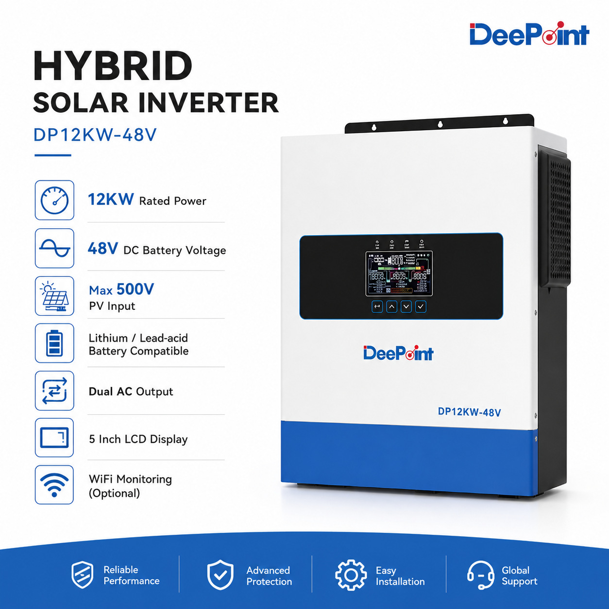 Deepoint 12Kw48V Hybrid Solar Inverter Dual-Channel Mppt Home Energy Storage Off-Grid and Grid-Connected Photovoltaic