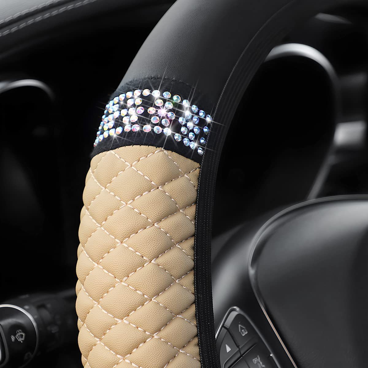 Factory Direct Sales Cross-Border Colorful Rhinestone Car Steering Wheel Cover, Leather Three-Dimensional Interior Handle Cover Without Inner Ring