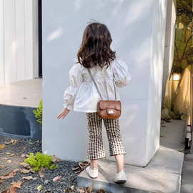 韩版童装2025新款女童秋款套装立领娃娃衬衫修身格子喇叭裤两件套