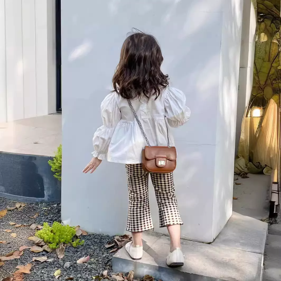 韩版童装2026新款女童秋款套装立领娃娃衬衫修身格子喇叭裤两件套