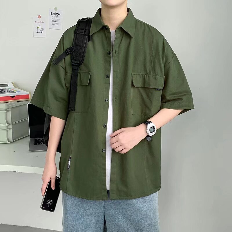 Cross-border Explosions Army Green Tooling Short-sleeved Shirt Men's High-end Sense of Puppies Handsome Ins Fashion Brand Japanese Style Loose Design Sense