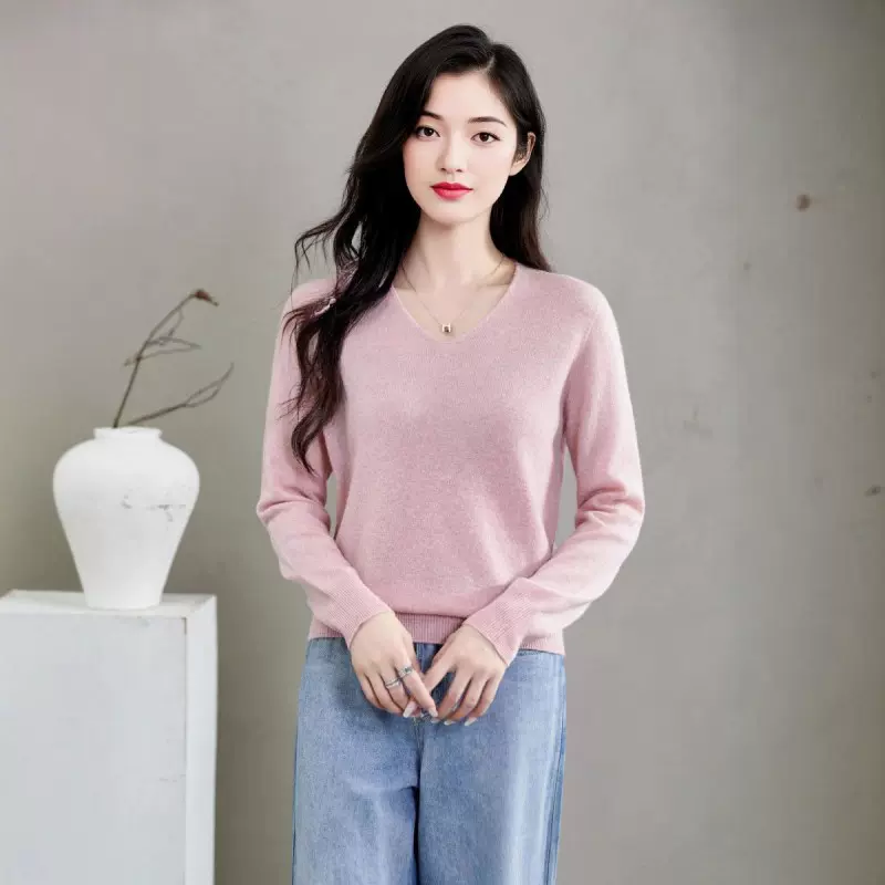 100山羊绒毛衣女V领秋冬新款内搭保暖羊绒衫简约时尚针织打底衫