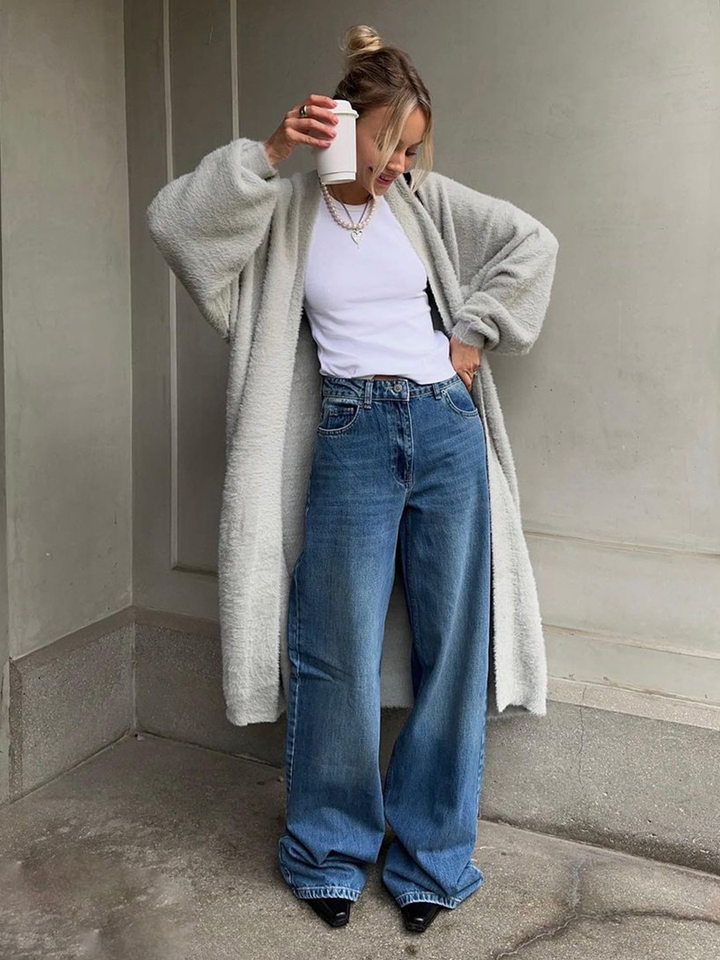Áo cardigan len lông mềm dáng dài rộng cổ chữ V tay dài — hồng, màu xám, quần kaki chi tiết 46