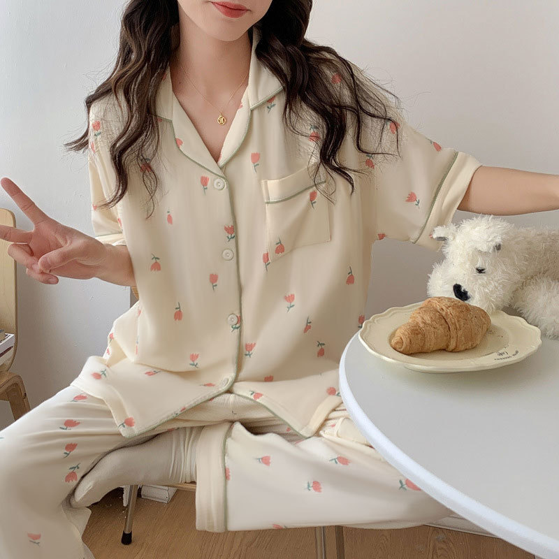 Flower Series Young Mother Pajamas Women's Summer Short-sleeved Trousers Cotton Thin Women's Home Clothes suit Loose