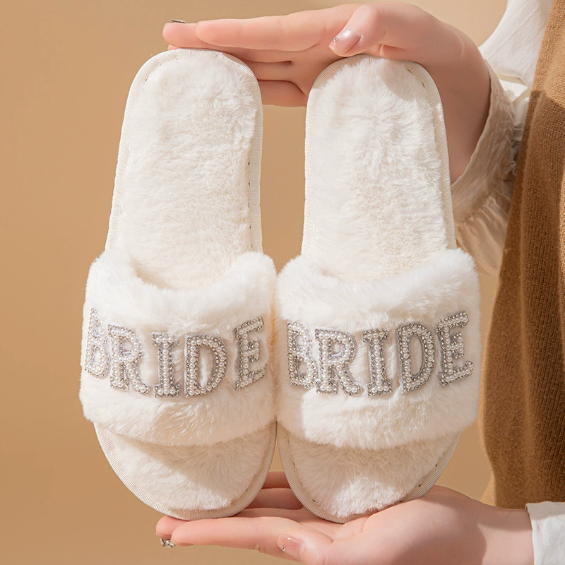 BEIDE MRS IDO Тапочки с жемчужными буквами, свадебные тапочки с мехом, популярные хлопковые тапочки для вечеринок и невест