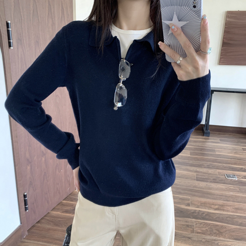 实拍#复古针织POLO衫女早秋百搭设计感小众宽松休闲外穿长袖|undefined
