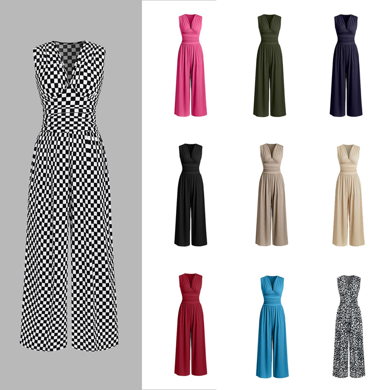 European and American Cross-Border Fashion Amazon Hot-Selling Casual Commuting Multi-Color Sleeveless V-Neck Long Pants Jumpsuit Elegant