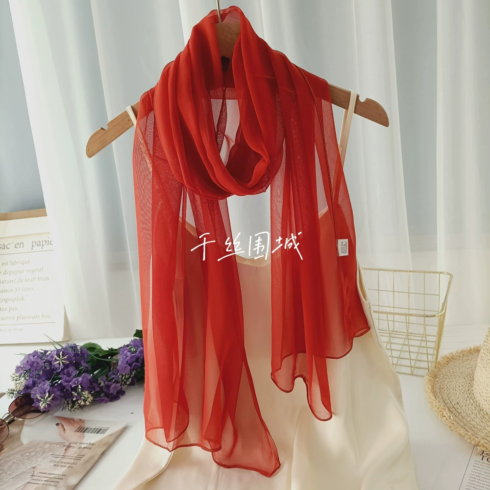 Summer Korean version of Women's Little Long Scarf Pure Color Symbol Skin Simpling Simple Dance Chiffon Red Joe Qi Qi Qi Qi Qi Qi Qiqi