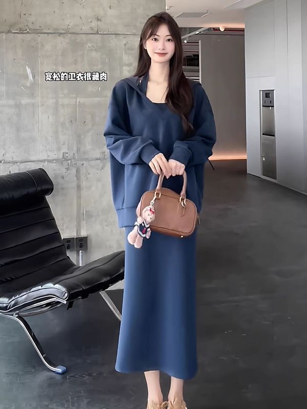 韩系蓝色V领长袖卫衣女秋宽松遮肚显瘦上衣搭挂修身脖连衣裙笙陇|undefined