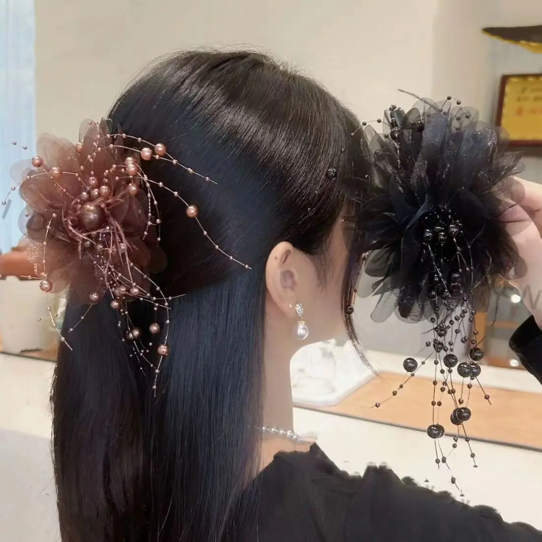 Peony Flower Feather Tassel Grab Clip Women's 2024 New Hairpin Back of Head Hair Shark Clip Hairpin Headwear