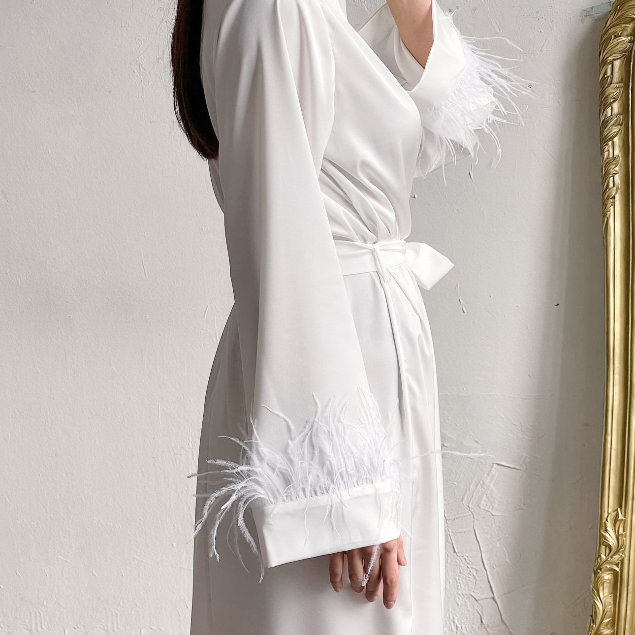 feather stitching long-sleeved ice silk wrap dress NSSQS124362
