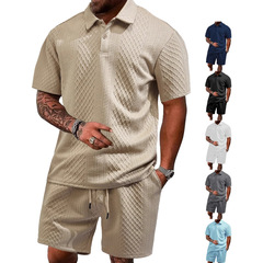 クロスボーダー紳士服夏欧米新型ジャカード布男性式レジャースポーツ薄手襟poloシャツ半袖スーツ