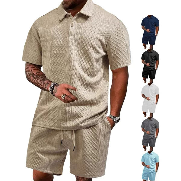 Cross-Border Men's Clothing Summer European and American New Jacquard Cloth Men's Casual Sports Thin Lapel Polo Shirt Short-Sleeved Suit