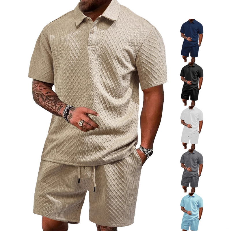 Cross-Border Men's Clothing Summer European and American New Jacquard Cloth Men's Casual Sports Thin Lapel Polo Shirt Short-Sleeved Suit